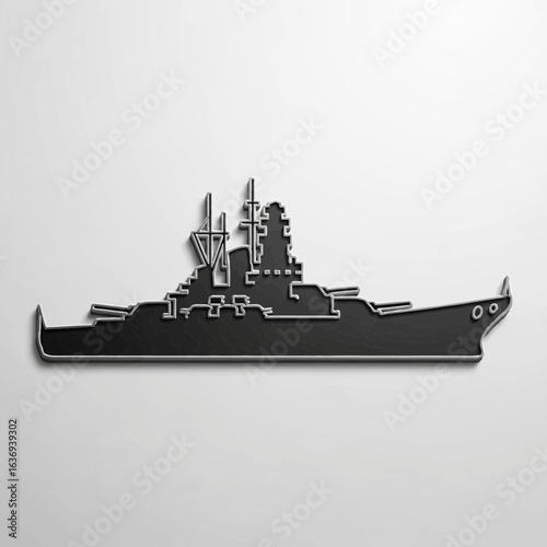 Silhouette of a large warship on a light background.