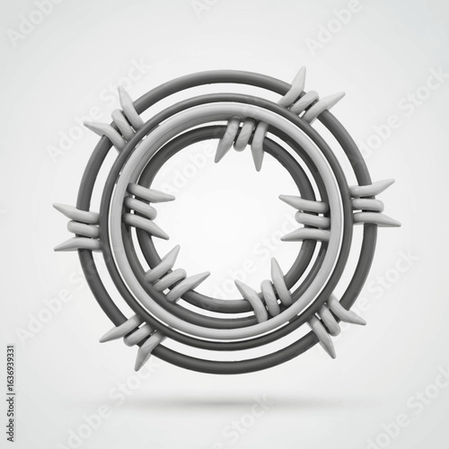 Circular barbed wire coil against a light background.