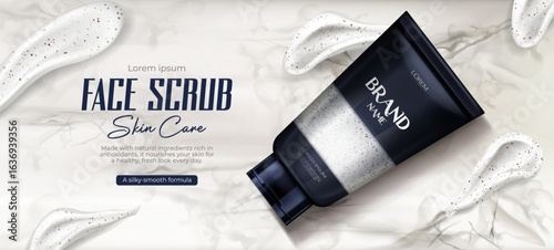 Cosmetic scrub bottle, beauty cosmetics product for face care on marble