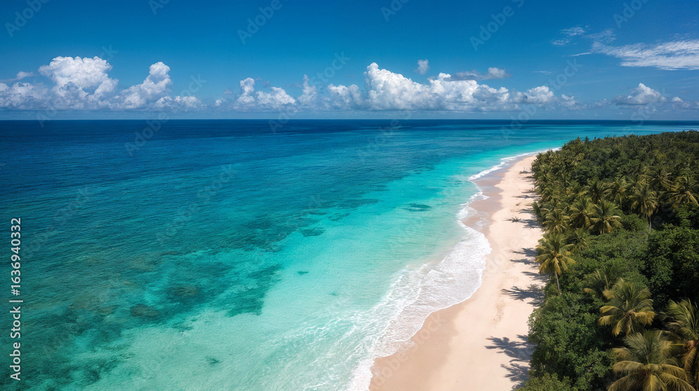 Obraz premium Tropical coral seascape with turquoise water and waves approaching the beach.