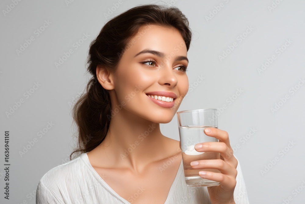Smiling caucasian young woman holding glass of water in bright setting Smiling caucasian young woman holding glass of water in bright setting