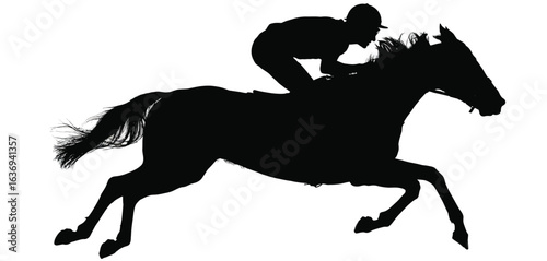 Silhouette of a jockey riding a galloping horse in a race
