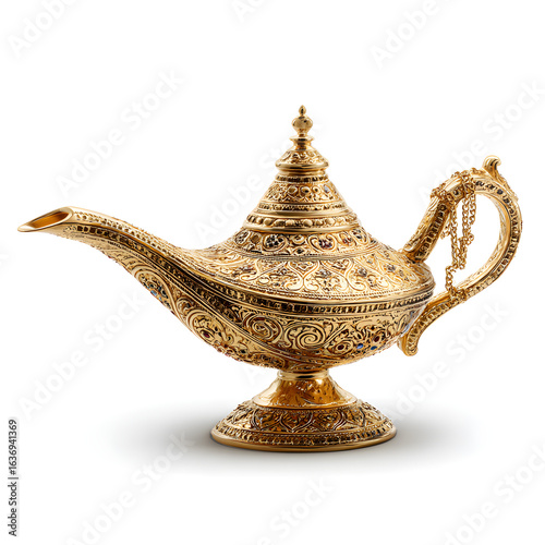 Aladdin lamp, genie lamp. Ornated wish lamp. 