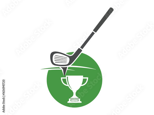 Golf Game Trophy: A graphic design with a golf club poised to strike, above a prestigious trophy symbol, set against a verdant green background.