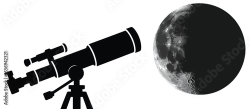 Telescope aimed at the moon silhouette against white background