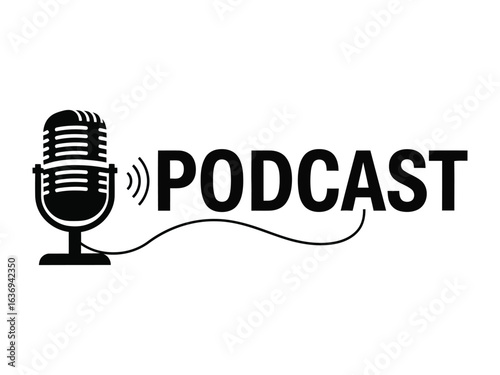 Podcast Audio Broadcasting: A classic microphone is set against a clean backdrop, with the bold text Podcast elegantly incorporated.