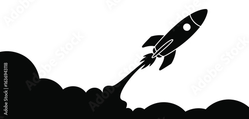 Black silhouette of a rocket launching into space with smoke trails