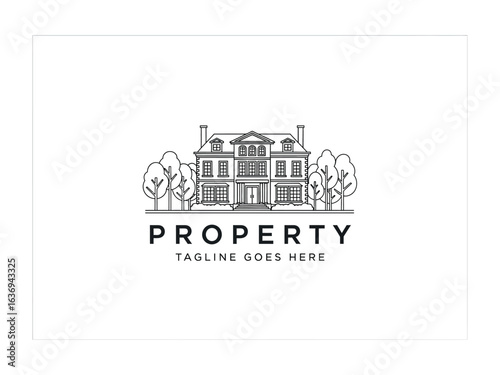 Elegant Architectural Outline: A clean, linear illustration depicts a stately property, radiating sophistication and the allure of modern architecture.