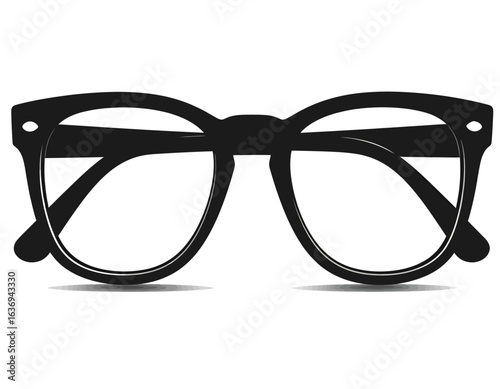 A stylish silhouette of classic black eyeglasses with a subtle shadow, isolated on a white background. A timeless fashion accessory.