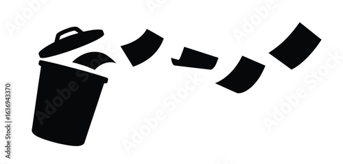 Black silhouette of a trash can with lid and scattered garbage pieces