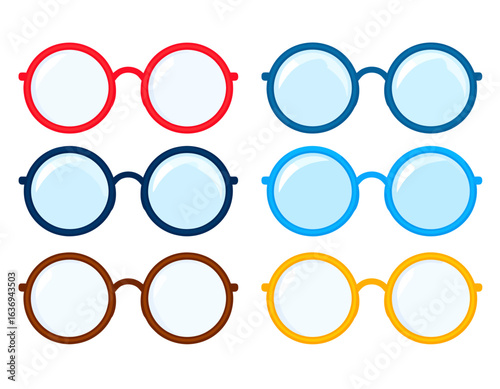A vibrant collection of round eyeglasses with colorful frames. This vector illustration set features various optic spectacles in red, blue, and yellow.