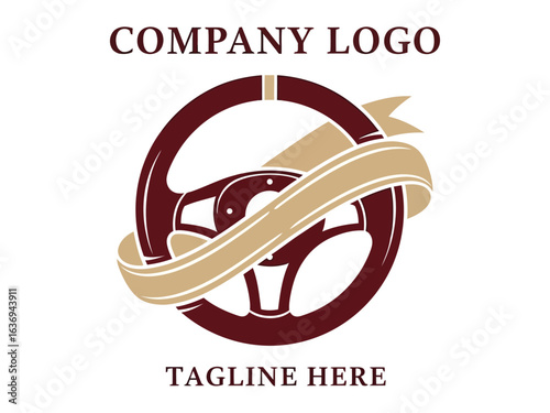 Steering Wheel Company Logo: An elegant company logo, featuring a meticulously detailed steering wheel encircled by a flowing ribbon, creating a visual representation of precision and motion. 