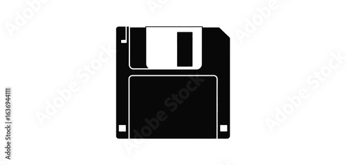Black and white silhouette of a vintage floppy disk icon
