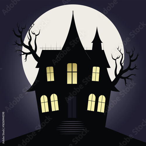 Spooky Haunted House Silhouette with Full Moon and Bare Trees