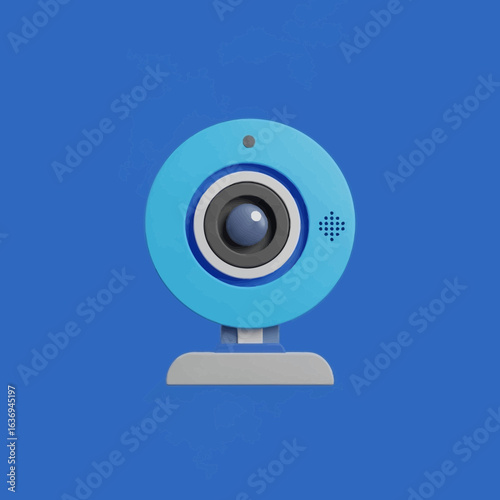 A blue webcam with a grey base on a blue background.