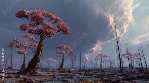 Fototapeta Naklejka Na Ścianę i Meble -  Twisted mutated trees forming eerie shapes in a mysterious enchanted woodland