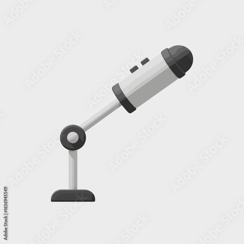 A white microphone on a stand against a light gray background.