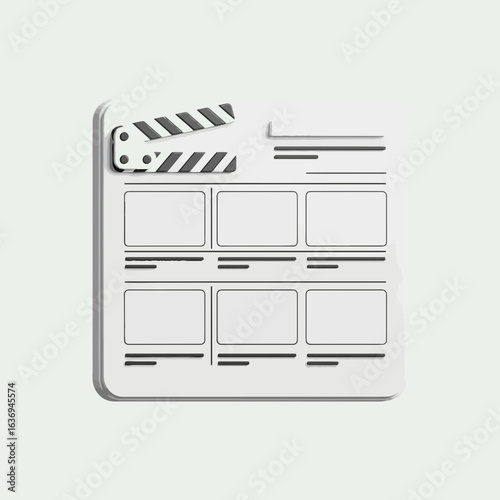 A storyboard template with six panels and a clapperboard.
