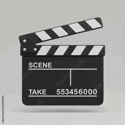 Black movie clapperboard with white stripes on a light background.