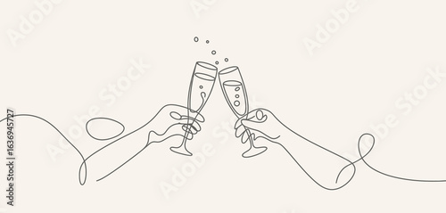 Minimalist continuous line drawing of two hands clinking champagne glasses