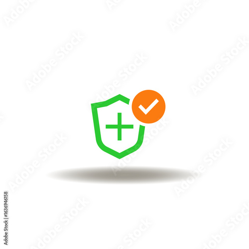 Vector illustration of shield with health cross and check mark. Symbol of safety first work health standard.