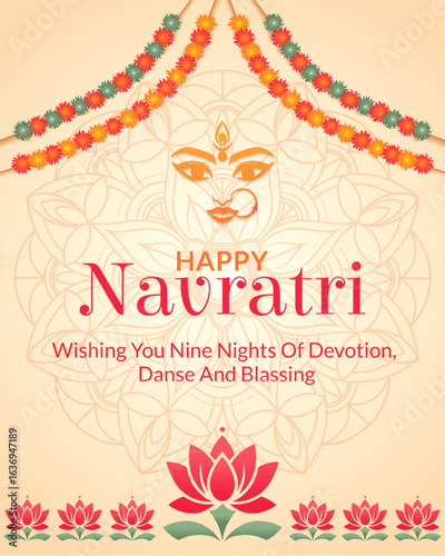Happy Navratri celebration template with goddess Durga face, floral garlands, lotus motifs and mandala on beige background. Bright red, green and orange colors. Template for festive social media posts