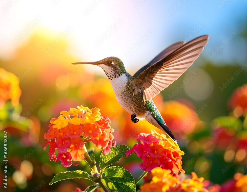 Fototapeta premium Hummingbird in flight among vibrant flowers