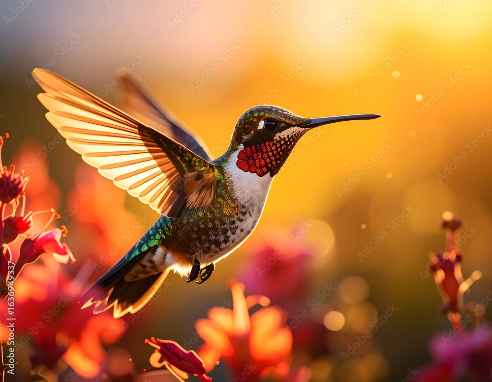 Fototapeta premium Hummingbird in flight, vibrant colors, golden light