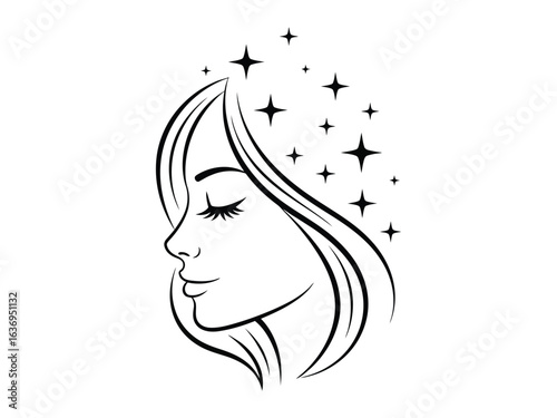 Serene Starry Gaze: A delicate illustration of a woman, eyes gently closed and adorned with starlight, evokes a sense of peacefulness and the boundless universe within.