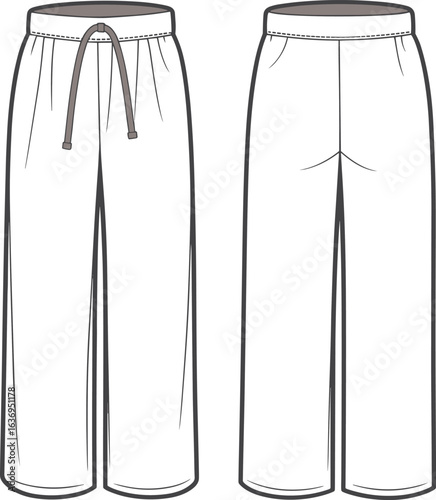 Loose fit pants technical drawing, front and back view, drawstring waist, seam detail, fashion illustration