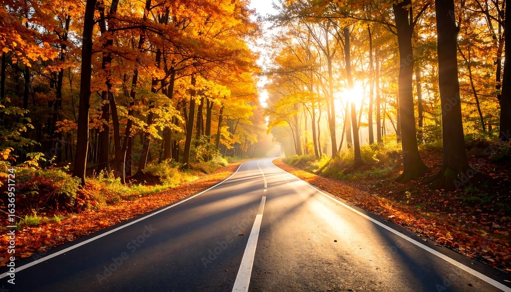 Fototapeta premium Autumnal road through golden trees