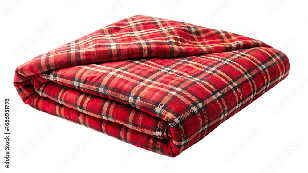 Red plaid quilted blanket - isolated on a white background isolated on a white background Red plaid quilted blanket - isolated on a white background isolated on a white background