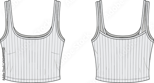 Sleeveless crop top technical drawing, front and back view, fashion sketch, striped design, scoop neckline, fitted