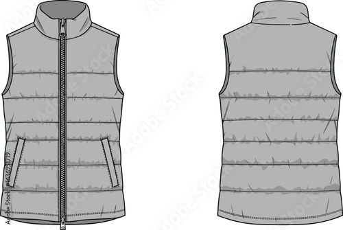Sleeveless puffer vest technical drawing, front and back view, fashion flat sketch, zipper, collar, insulation