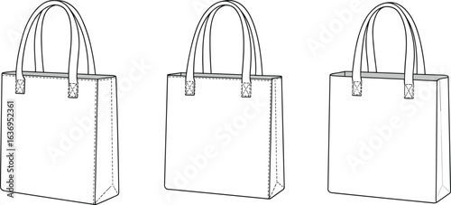 Tote bag technical illustration, multiple angles, stitching detail, handle design, fashion accessory, manufacturing, product sketch
