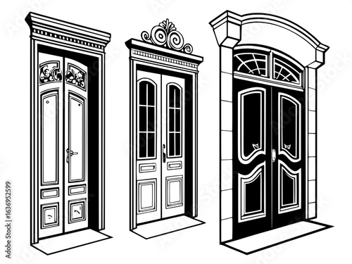 "Frontal silhouettes of four elegant black double doors, isolated on a white background. Each door showcases a distinct architectural style through ornate trim, varied paneling, arched frames, and cla