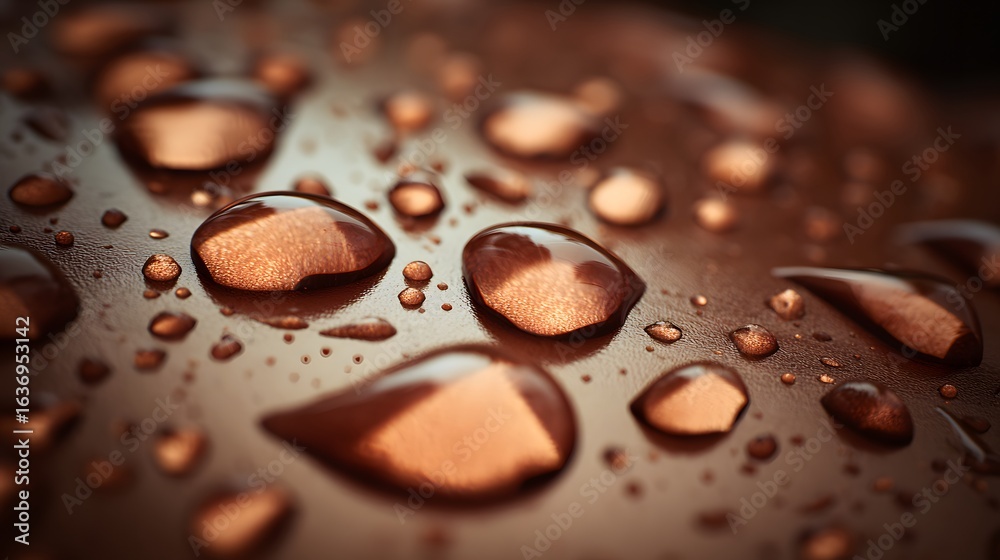 Fototapeta premium Close-up view of water droplets on a dark brown surface.