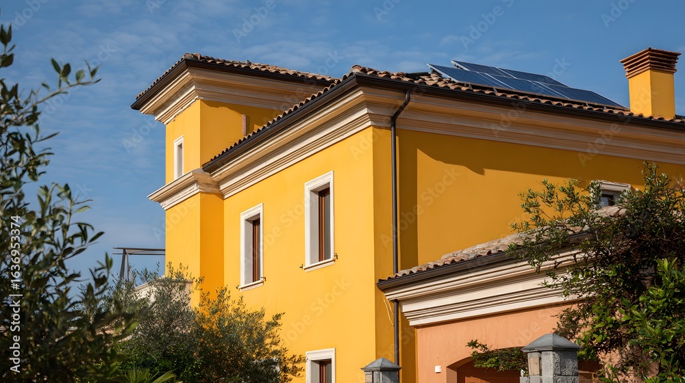 Fototapeta premium Sunny yellow house with architectural details and solar panels.