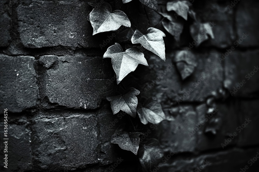 Monochrome image shows ivy leaves clinging to a weathered brick wall, creating a contrast of textures and tones. Monochrome image shows ivy leaves clinging to a weathered brick wall, creating a contrast of textures and tones.