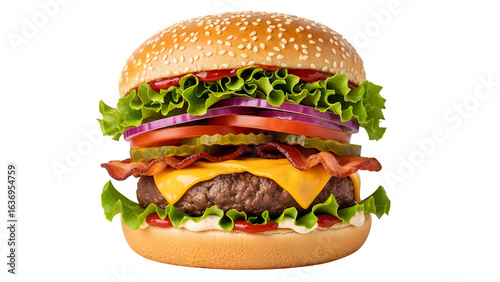 Hyperrealistic cinematic image of gourmet burger with beef patty cheddar cheese pickles lettuce tomato and crispy fries on rustic wooden board with warm lighting sparks and shallow depth effect