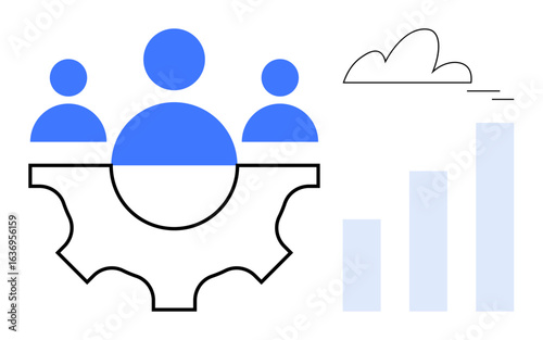 Three individuals inside a gear representing teamwork, bar chart symbolizing growth, cloud enhancing visuals. Ideal for teamwork, collaboration, development, strategy, innovation, leadership