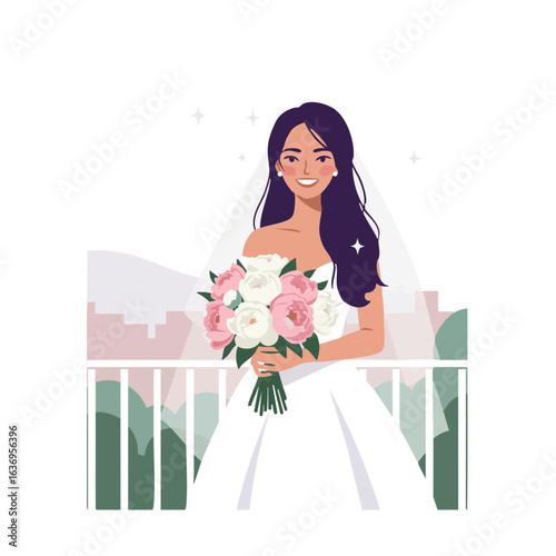 Vector illustration of bride on balcony on white background, wedding portrait
