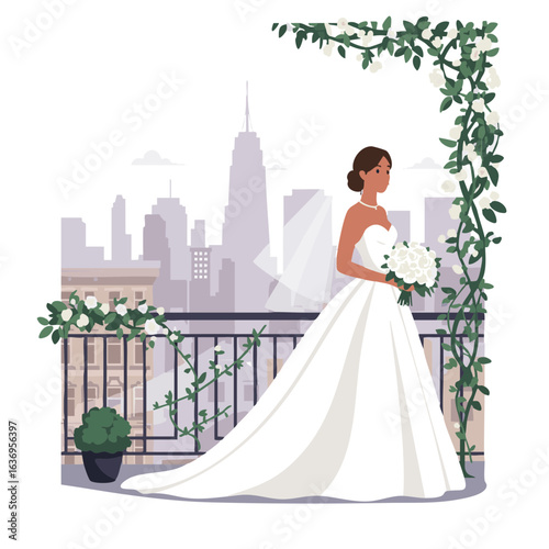 Vector illustration of bride on balcony on white background, wedding portrait