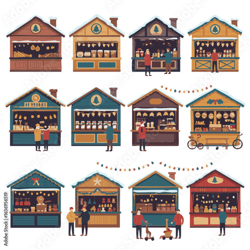 Vector illustration of christmas market stalls on white background, holiday shopping