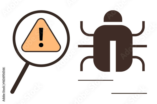 Magnifying glass over warning sign with adjacent bug illustration representing problem identification, debugging, and risk evaluation. Ideal for cyber security, software testing, error tracking
