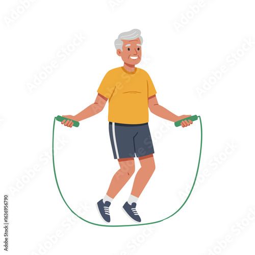 Vector illustration of senior man jumping rope on white background, active aging