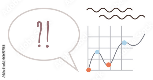 Speech bubble with punctuation expressing confusion near a line graph showing data points and wavy lines. Ideal for data interpretation, analytics, communication, problem-solving, confusion