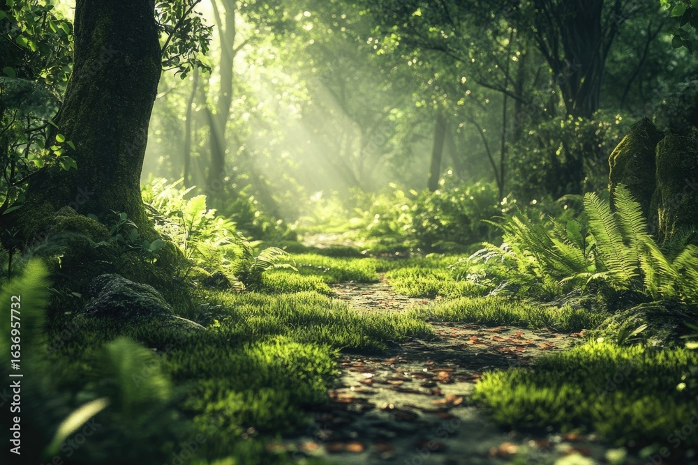 Obraz premium Sunlight filters through trees, illuminating a verdant forest path with lush grass and thriving ferns.