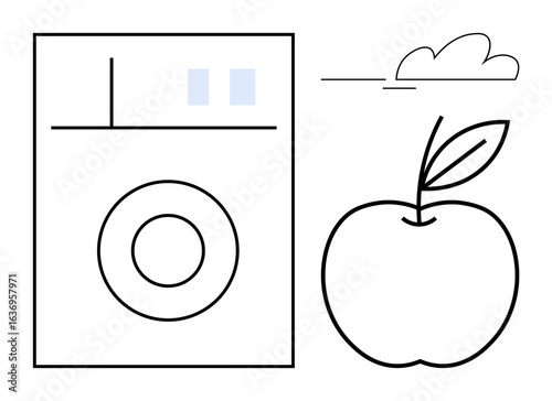 Apple and washing machine sketched with clean lines complemented by a simple cloud. Ideal for health, nutrition, sustainability, cleaning, minimalism, modern design, eco-living. Simple flat metaphor