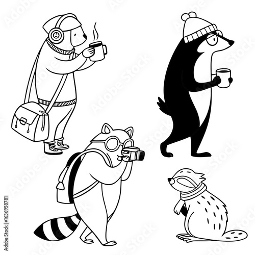 Cute cartoon animals vector illustration featuring bear badger raccoon and beaver in black and white line art